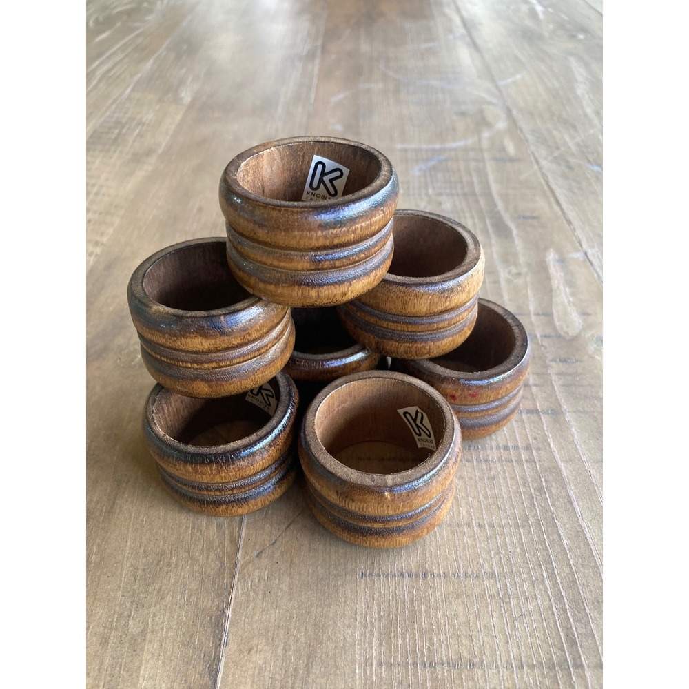 Vintage Knobler Taiwan Wood Napkin Rings Set of 7 Brown Double Groove MCM Rustic